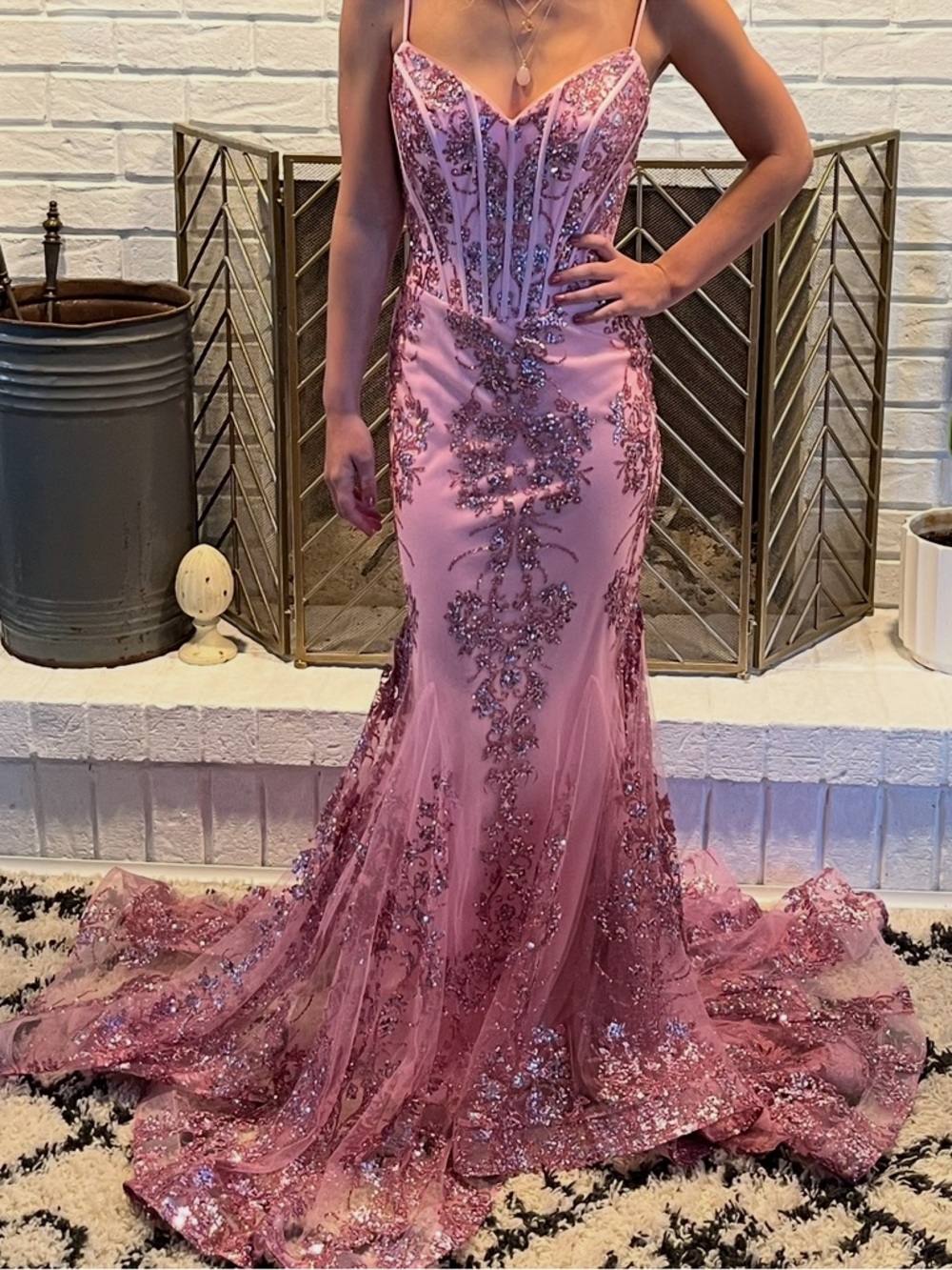 Embellished Pink Prom Gown with Corset Bodice